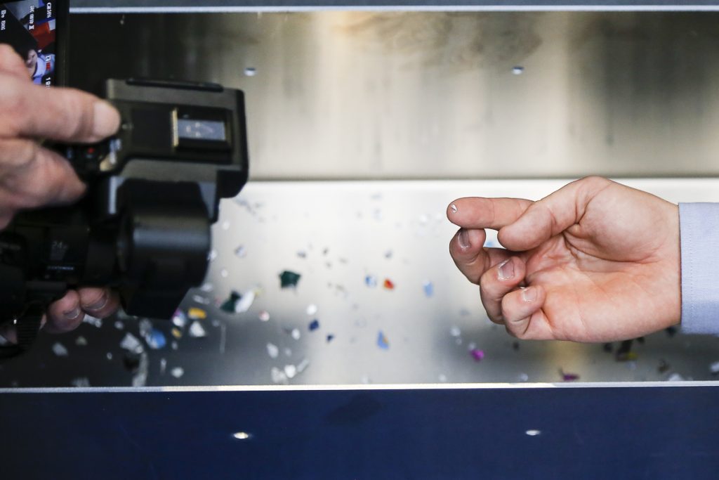 Small pieces of aluminium being removed from PET on an Eddy Current Separator